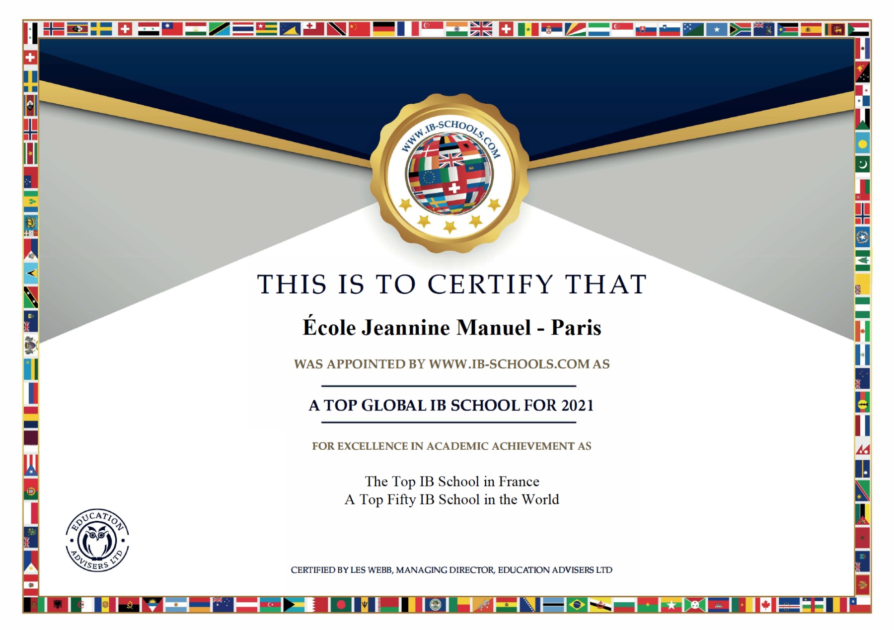 Certificate for École Jeannine Manuel Top IB School in France 2021