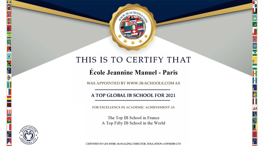 Certificate for École Jeannine Manuel Top IB School in France 2021